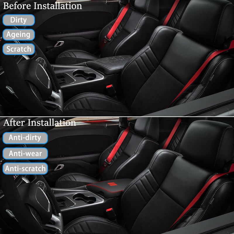 YOFAMO لـ Dodge Challenger 2015-2023 غطاء مسند ذراع السيارة مقاوم للماء وحدة التحكم المركزية يغطي غطاء صندوق مقاوم للخدش غطاء جلدي وسادة حماية ملحقات الديكور (أسود + غرز حمراء) - Image 2